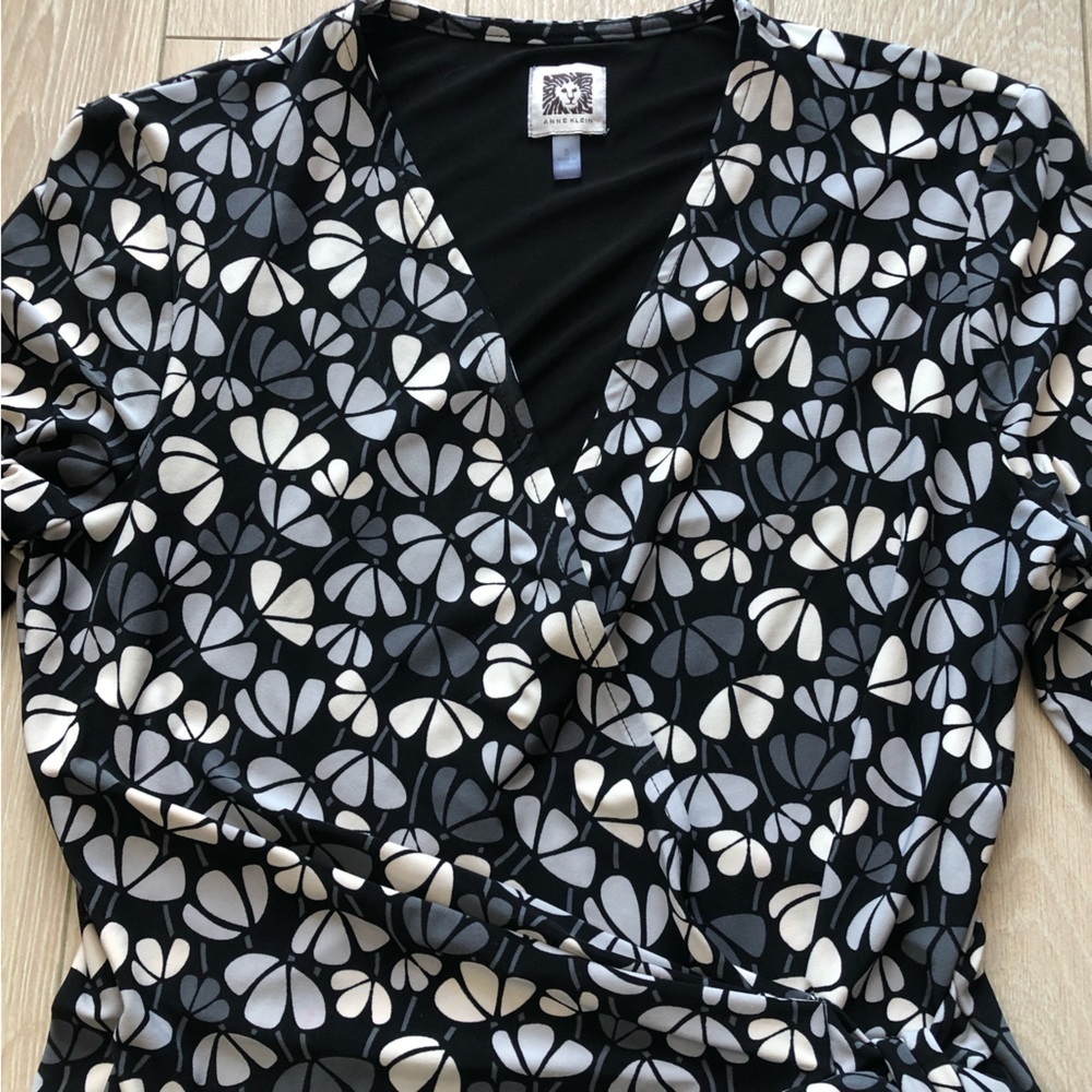 Anne Klein Faux Wrap Floral Print 3/4 Sleeve Dress in Black & White Size S - Picture 5 of 11
